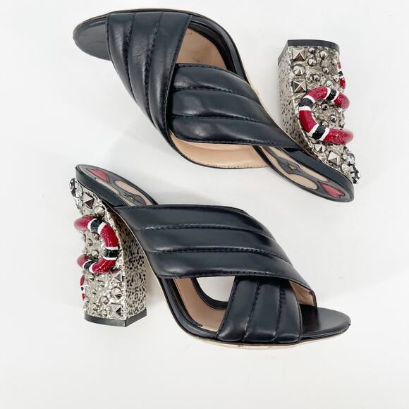 Gucci Black Quilted Leather Webby Snake-heel Mule Sandal Slide size EU 38.5 - Picture 4 of 13